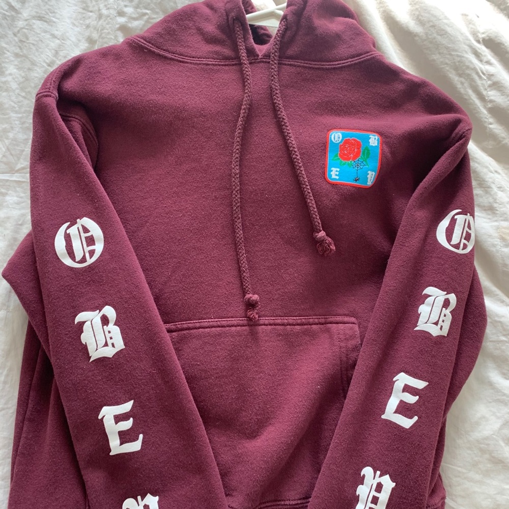obey burgundy rose sleeve lettering hoodie